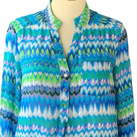 Rouge Collection 3/4 Sleeve Button Front Sheer Chiffon Tops Blouse Size 1X Ikat - Picture 4 of 16